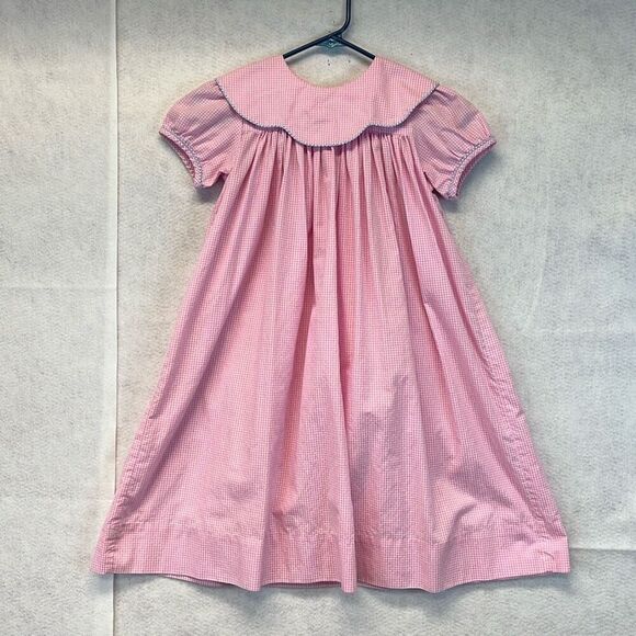 Vtg KELLY'S KIDS Dress Girl 7-8 Pink White Gingham Short Sleeve Peterpan Collar - Picture 2 of 13